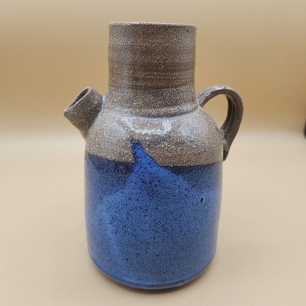 Studio Pottery Jug Pitcher Rustic Stoneware Blue Glaze Handmade Vintage Signed